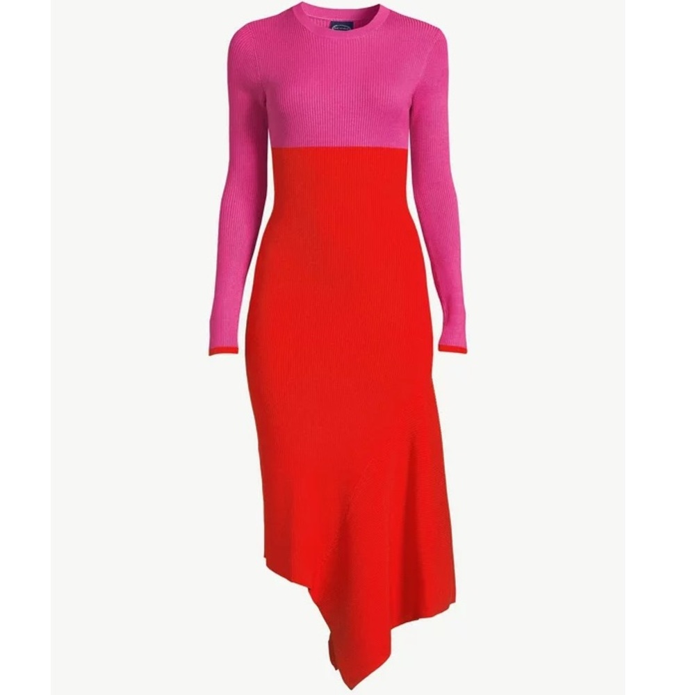 Scoop Women's Red & Pink Asymmetrical Hem Ribbed Sweater Dress - Size XL 16-18